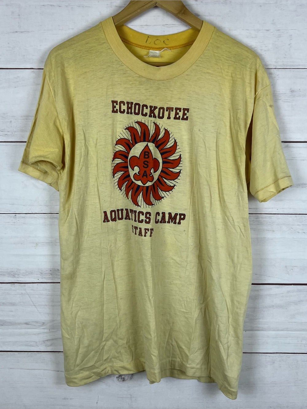 Vintage 70s BSA Boy Scouts Of America Staff T-Shirt Faded Yellow XL Mens